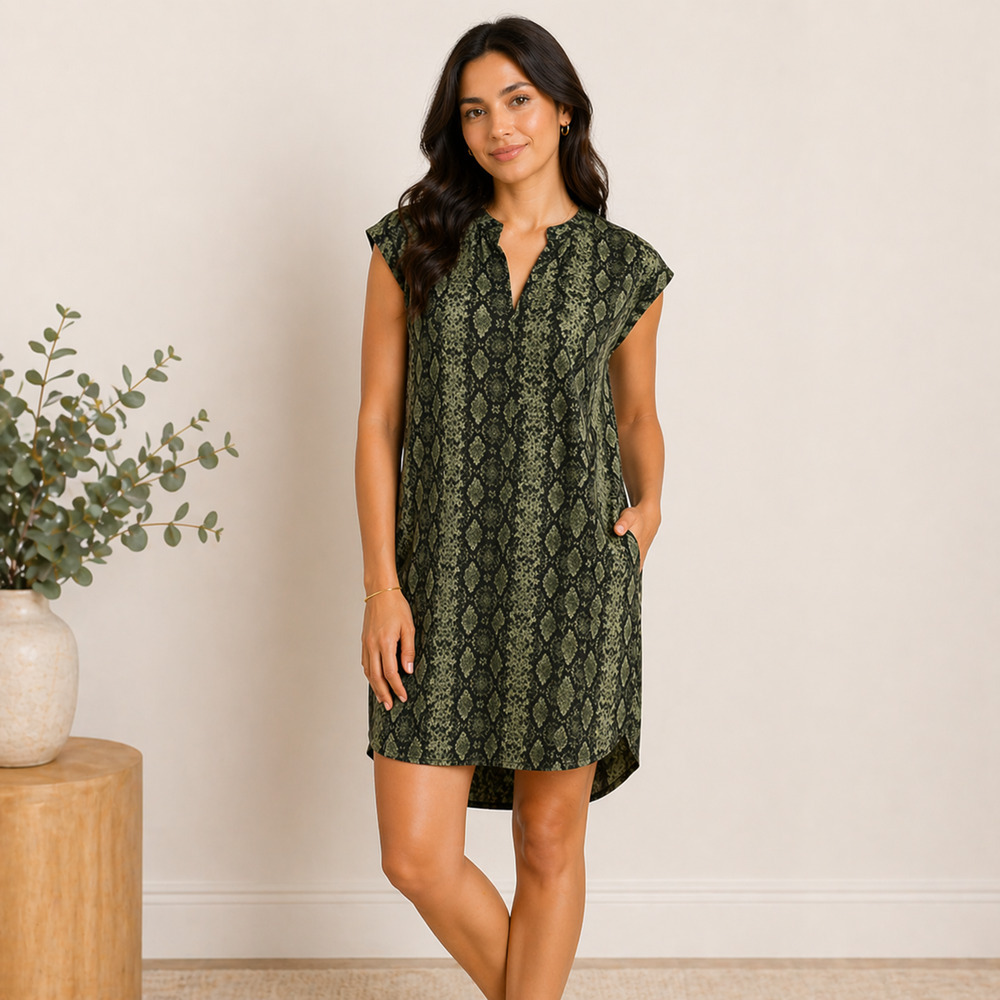 Anthropologie Rachel Snake Print Tunic Dress XS Green Black Animal Print Pockets